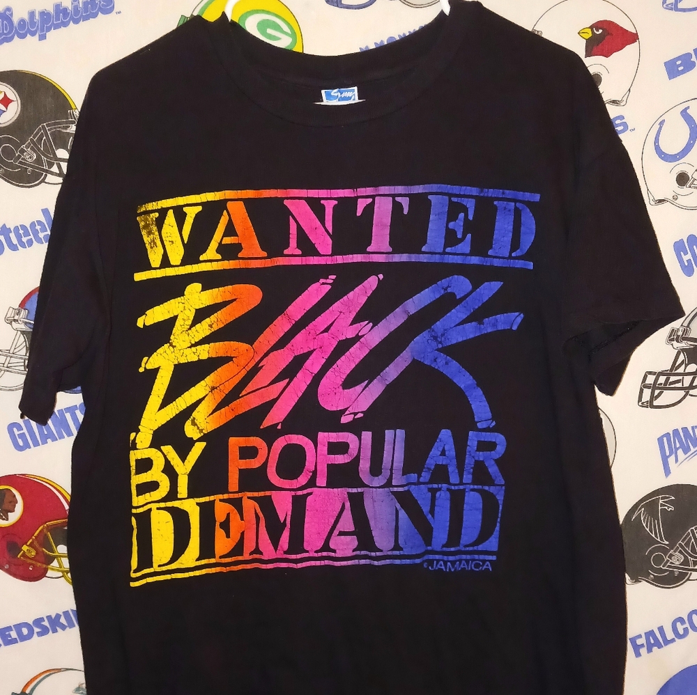 Vintage 1990s Wanted Black By Popular Demand Puff Print Jamaica Tourist Shirt